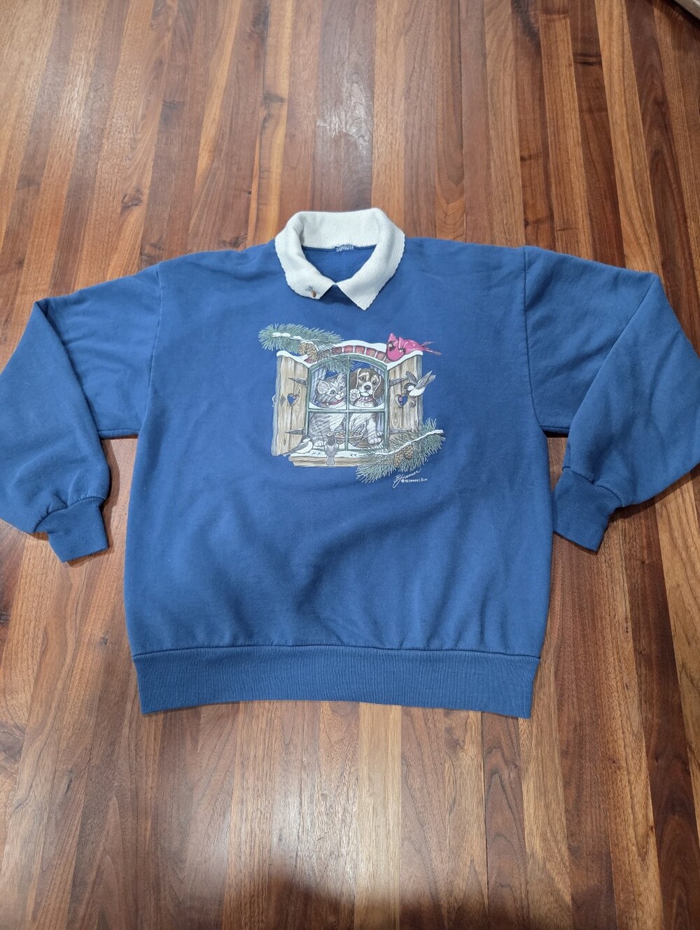 Vintage 1990's  Morning Sun Blue Collared Graphic Sweater Dog Cat Winter SZ Med